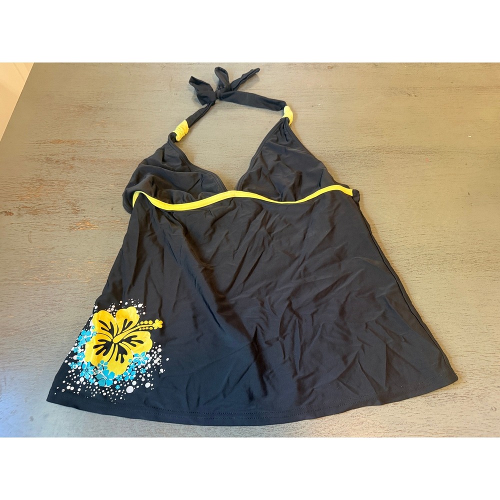 Hobie Womens Black Yellow Tropical Hibiscus Halter Tankini Swim Top XL H05820